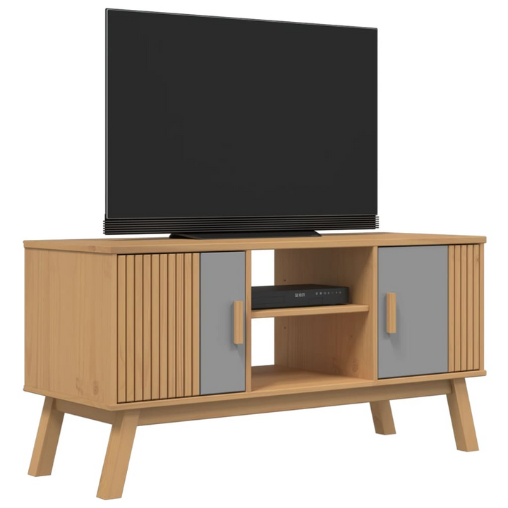 OLDEN Scandinavian TV Cabinet - Solid Wood, Grey and Brown, 114x43x57 cm - Stylish Media Console with Storage - Premium  from Home Treasures - Just £118.99! Shop now at Home Treasures