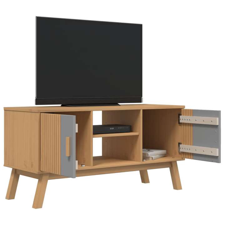 OLDEN Scandinavian TV Cabinet - Solid Wood, Grey and Brown, 114x43x57 cm - Stylish Media Console with Storage - Premium  from Home Treasures - Just £118.99! Shop now at Home Treasures