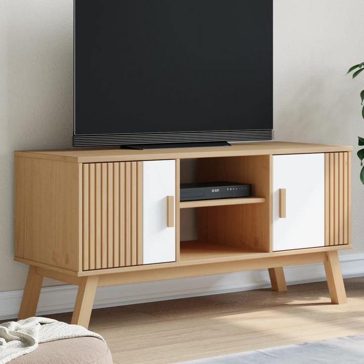 OLDEN TV Cabinet - Stylish White & Brown Pine Wood TV Stand with Ample Storage (114x43x57 cm) - Premium  from Home Treasures - Just £125.99! Shop now at Home Treasures