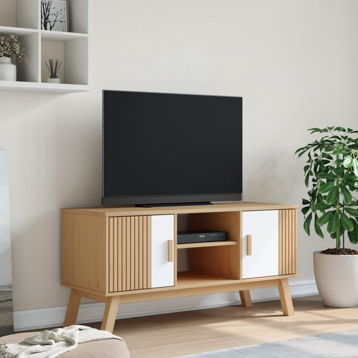 OLDEN TV Cabinet - Stylish White & Brown Pine Wood TV Stand with Ample Storage (114x43x57 cm) - Premium  from Home Treasures - Just £125.99! Shop now at Home Treasures