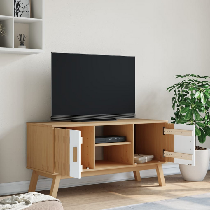 OLDEN TV Cabinet - Stylish White & Brown Pine Wood TV Stand with Ample Storage (114x43x57 cm) - Premium  from Home Treasures - Just £125.99! Shop now at Home Treasures