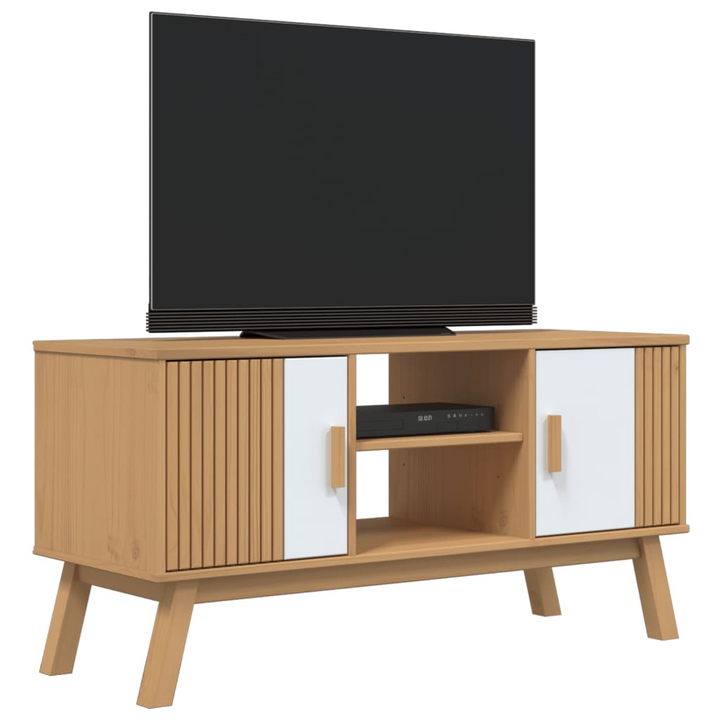 OLDEN TV Cabinet - Stylish White & Brown Pine Wood TV Stand with Ample Storage (114x43x57 cm) - Premium  from Home Treasures - Just £125.99! Shop now at Home Treasures