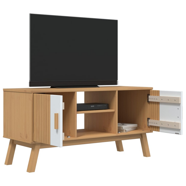 OLDEN TV Cabinet - Stylish White & Brown Pine Wood TV Stand with Ample Storage (114x43x57 cm) - Premium  from Home Treasures - Just £125.99! Shop now at Home Treasures