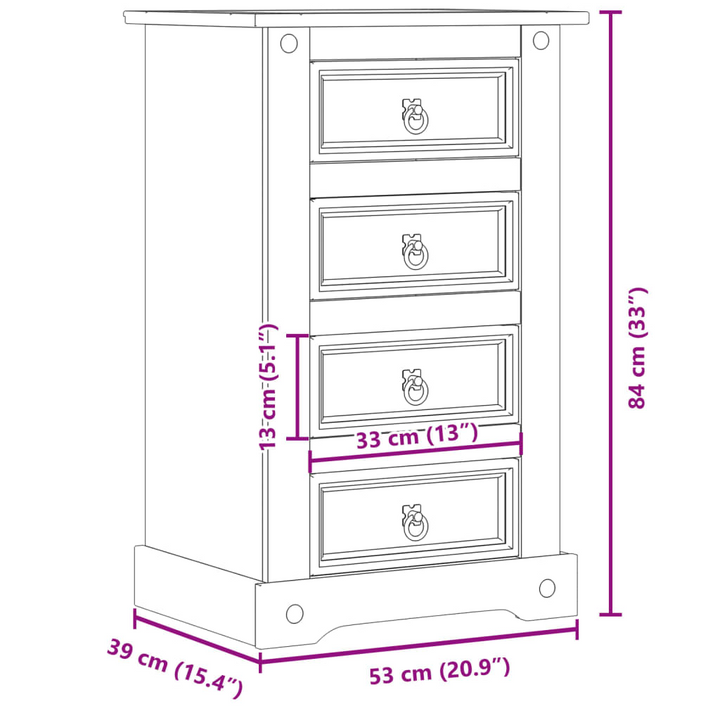 CORONA Bedside Cabinet | Rustic Solid Pine Wood Nightstand | 4 Drawers | Easy Maintenance | 53x39x84 cm - Premium  from Home Treasures - Just £110.99! Shop now at Home Treasures