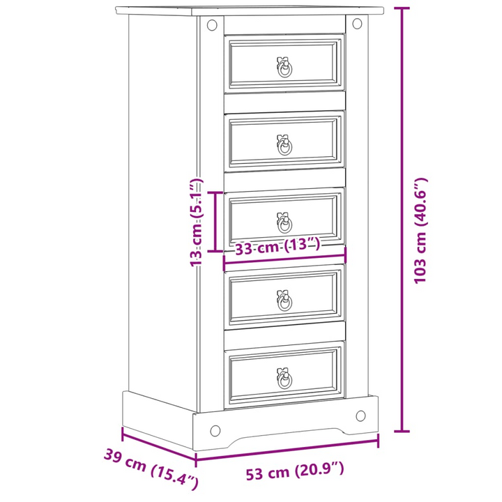 CORONA Solid Pine Wood Bedside Cabinet with 5 Drawers in Honey Wax Finish - 53x39x103 cm - Premium  from Home Treasures - Just £128.99! Shop now at Home Treasures