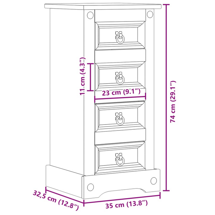 CORONA Bedside Cabinet - Solid Pine Wood with Honey Wax Finish, 4 Drawers, 35x32.5x74 cm - Premium  from Home Treasures - Just £74.99! Shop now at Home Treasures