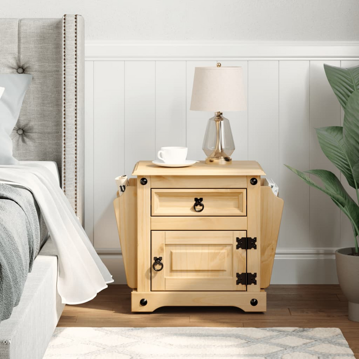 CORONA Bedside Cabinet 45x35x47.5 cm - Rustic Solid Pine Wood Nightstand with Ample Storage and Elegant Metal Handles - Premium  from Home Treasures - Just £68.99! Shop now at Home Treasures