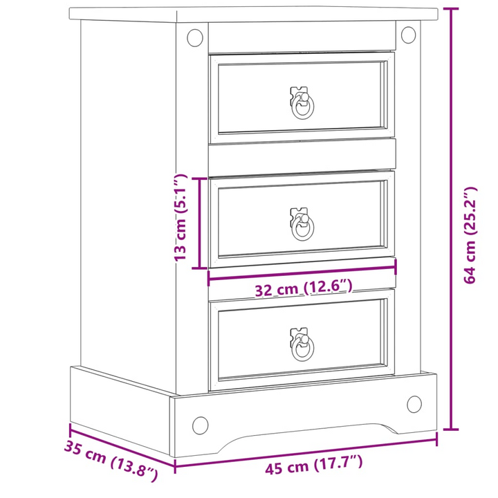 CORONA Solid Wood Pine Bedside Cabinet with 3 Drawers - Rustic Nightstand 45x35x64 cm - Premium  from Home Treasures - Just £81.99! Shop now at Home Treasures