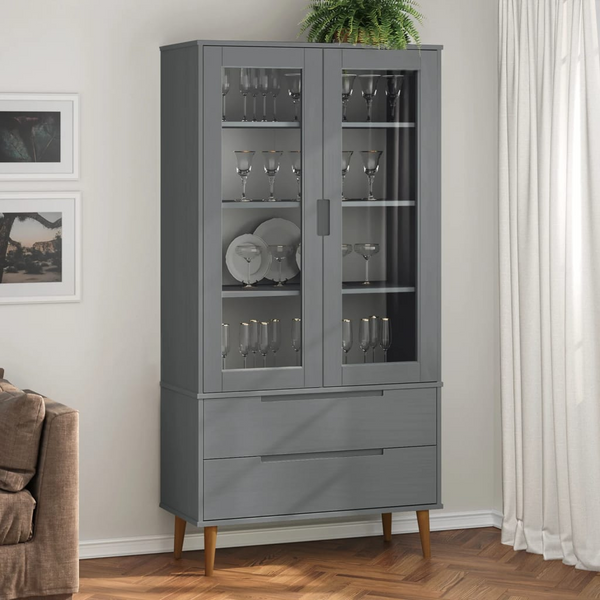 MOLDE Vitrine Cabinet 90x35x175 cm Grey - Solid Wood Pine Storage Unit with Tempered Glass Doors | Stylish Scandinavian Design - Premium  from Home Treasures - Just £321.99! Shop now at Home Treasures