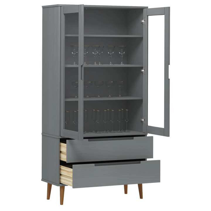 MOLDE Vitrine Cabinet 90x35x175 cm Grey - Solid Wood Pine Storage Unit with Tempered Glass Doors | Stylish Scandinavian Design - Premium  from Home Treasures - Just £321.99! Shop now at Home Treasures