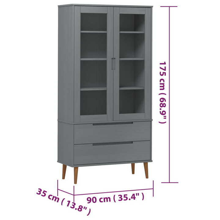 MOLDE Vitrine Cabinet 90x35x175 cm Grey - Solid Wood Pine Storage Unit with Tempered Glass Doors | Stylish Scandinavian Design - Premium  from Home Treasures - Just £321.99! Shop now at Home Treasures