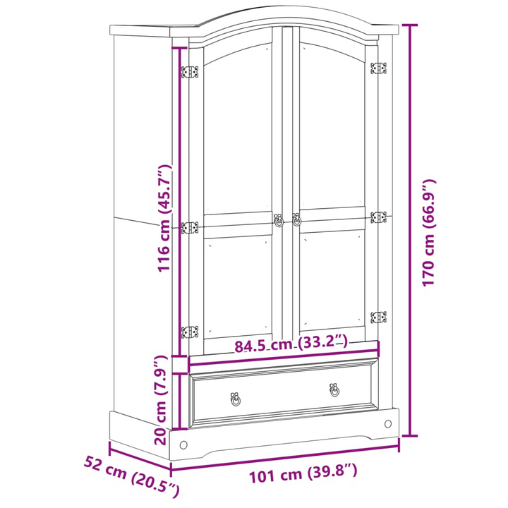 CORONA Wardrobe - 101x52x170 cm - Solid Pine Wood, Honey Wax Finish - Rustic & Durable Storage Solution - Premium  from Home Treasures - Just £376.99! Shop now at Home Treasures