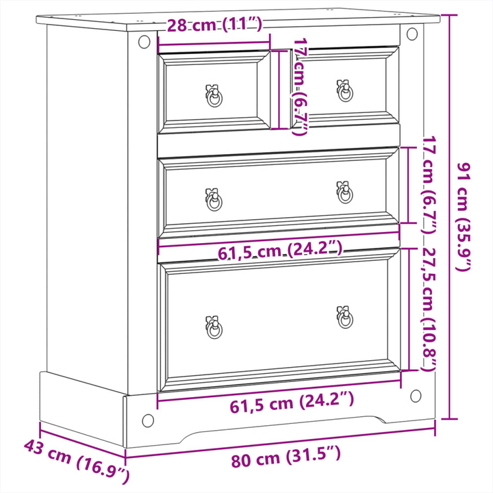 CORONA Solid Pine Wood Chest of Drawers - Rustic 4 Drawer Storage Cabinet - 80x43x91 cm - Premium  from Home Treasures - Just £167.99! Shop now at Home Treasures