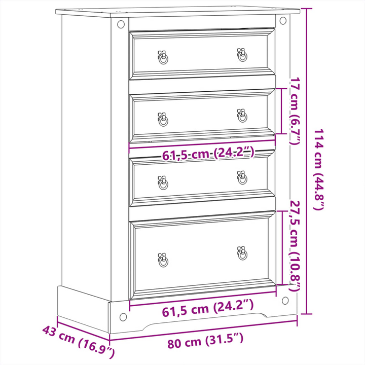 CORONA Chest of Drawers 80x43x114 cm | Solid Wood Pine | 4-Drawer Storage Cabinet | Rustic & Durable Furniture - Premium  from Home Treasures - Just £203.99! Shop now at Home Treasures