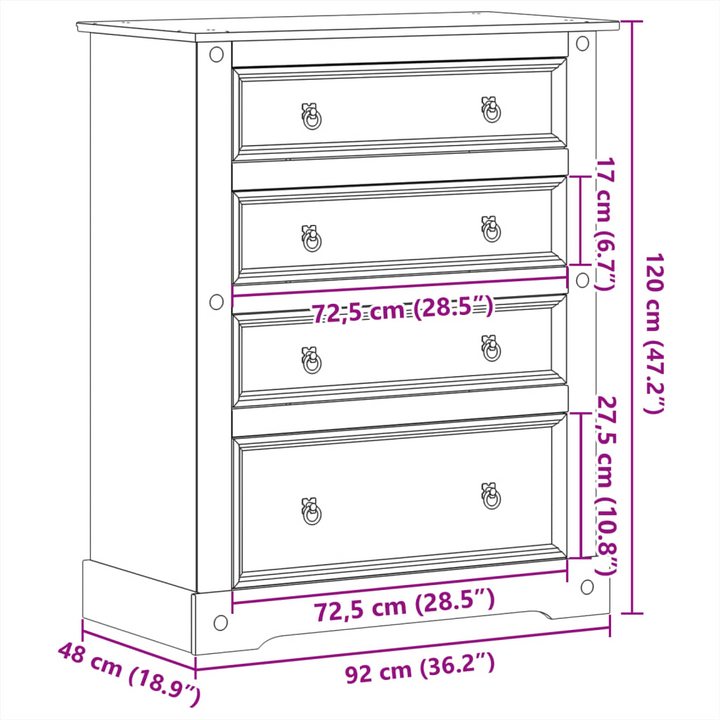 CORONA Chest of Drawers 92x48x120 cm - Solid Pine Wood Storage Cabinet with Elegant Metal Handles - Premium  from Home Treasures - Just £237.99! Shop now at Home Treasures