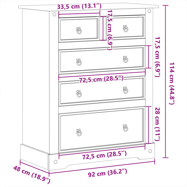 CORONA Solid Wood Pine Chest of Drawers - 5 Spacious Drawers, Classic Design, 92x48x114 cm - Durable and Stylish Storage Solution - Premium  from Home Treasures - Just £239.99! Shop now at Home Treasures