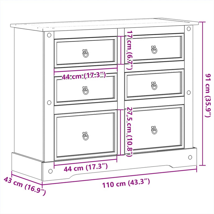 CORONA Solid Wood Chest of Drawers - 110x43x91 cm - Rustic Pine Storage Cabinet with Metal Handles - Durable & Stylish Storage Solution - Premium  from Home Treasures - Just £236.99! Shop now at Home Treasures