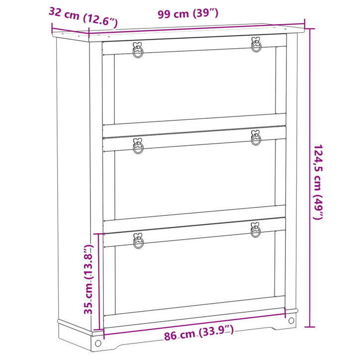 CORONA Shoe Cabinet - Solid Pine Wood Storage Unit with 3 Flip-Drawers - Rustic, Durable & Stylish | 99x32x124.5 cm - Premium  from Home Treasures - Just £220.99! Shop now at Home Treasures