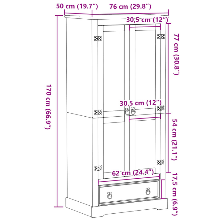 CORONA Solid Pine Wood Wardrobe 76x50x170 cm - Rustic Storage Cabinet with Metal Handles - Premium  from Home Treasures - Just £321.99! Shop now at Home Treasures