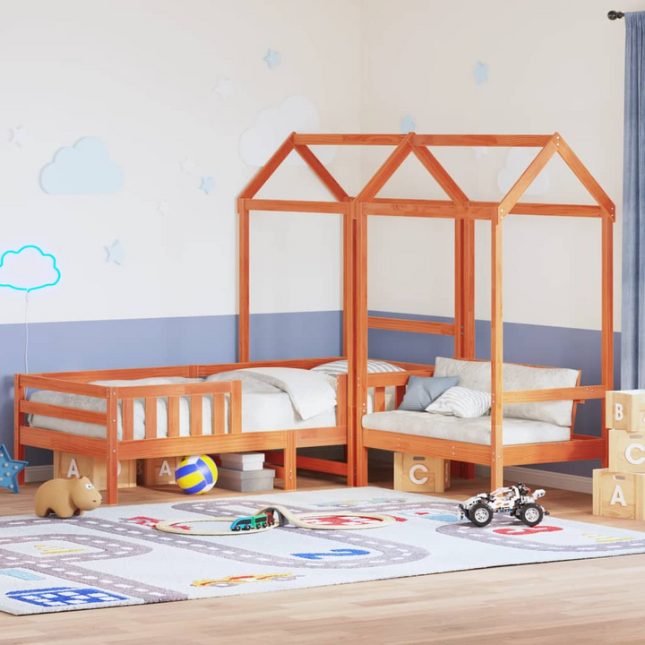 Bed and Bench Set with Roof in Wax Brown - Stylish Pine Wood Furniture for Children, 75x190 cm Single (Mattress Not Included) - Premium  from Home Treasures - Just £336.99! Shop now at Home Treasures