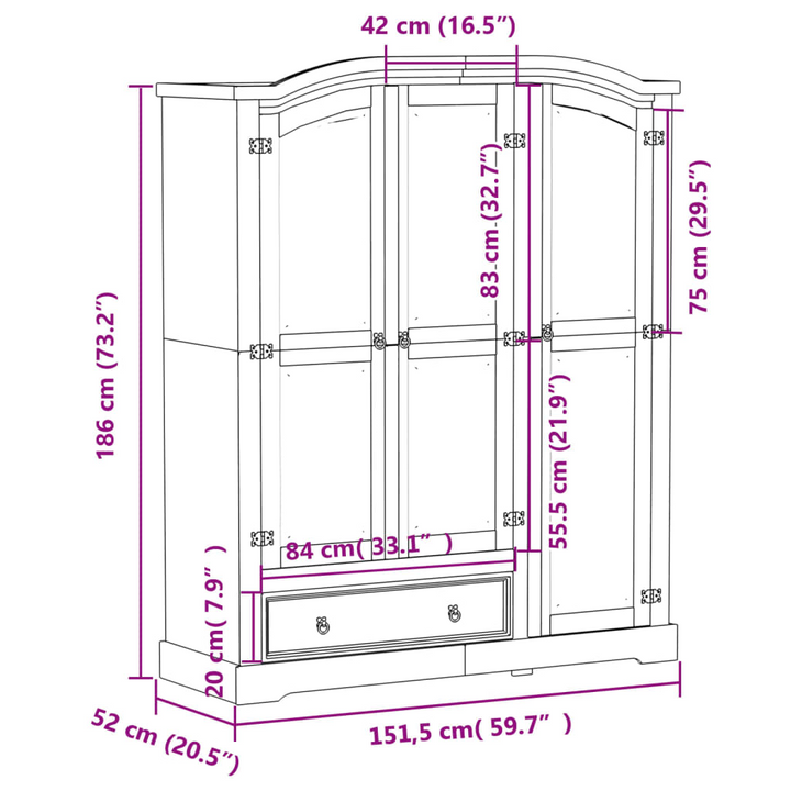 CORONA Wardrobe 151.5x52x186 cm - Solid Pine Wood with Honey Wax Finish | Ample Storage & Metal Handles - Premium  from Home Treasures - Just £581.99! Shop now at Home Treasures