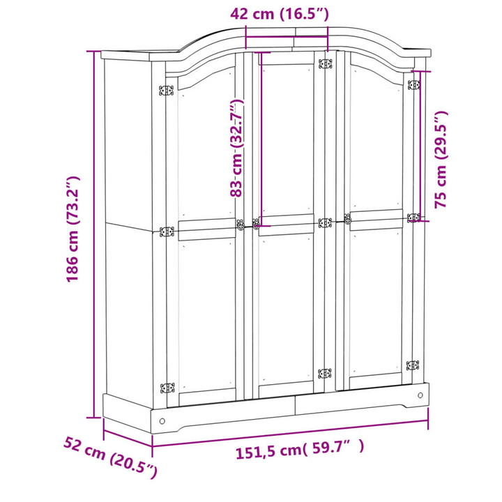 CORONA Wardrobe - Solid Pine Wood, Rustic Style, Ample Storage Space - 151.5x52x186 cm - Premium  from Home Treasures - Just £455.99! Shop now at Home Treasures