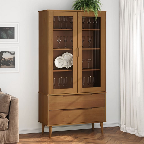 MOLDE Vitrine Cabinet 90x35x175 cm | Solid Pine Wood, UV Varnish | Elegant Brown Display Cabinet with Glass Doors & Ample Storage Space - Premium  from Home Treasures - Just £308.99! Shop now at Home Treasures