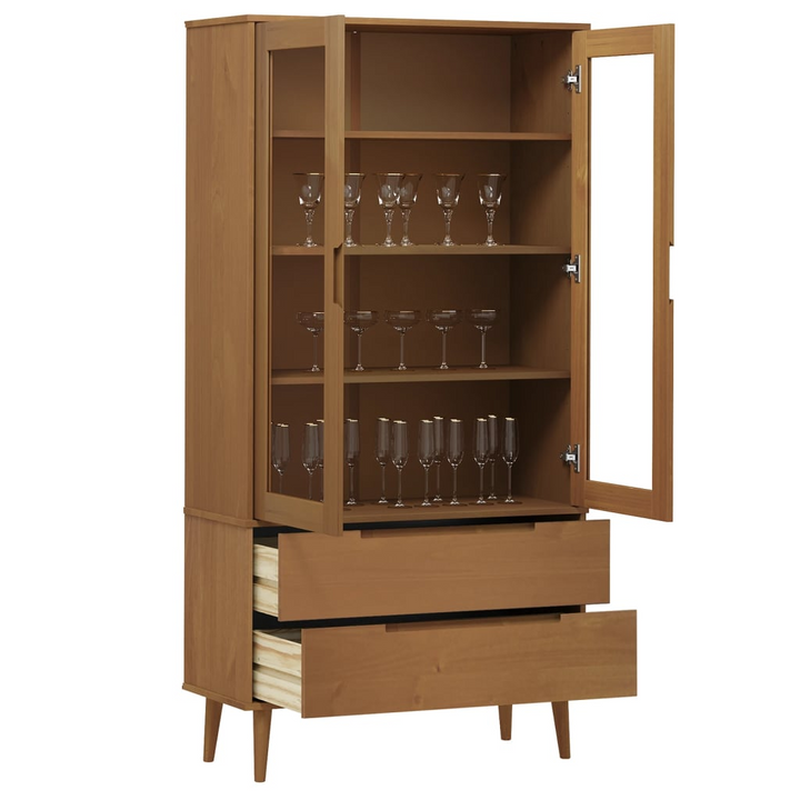 MOLDE Vitrine Cabinet 90x35x175 cm | Solid Pine Wood, UV Varnish | Elegant Brown Display Cabinet with Glass Doors & Ample Storage Space - Premium  from Home Treasures - Just £308.99! Shop now at Home Treasures