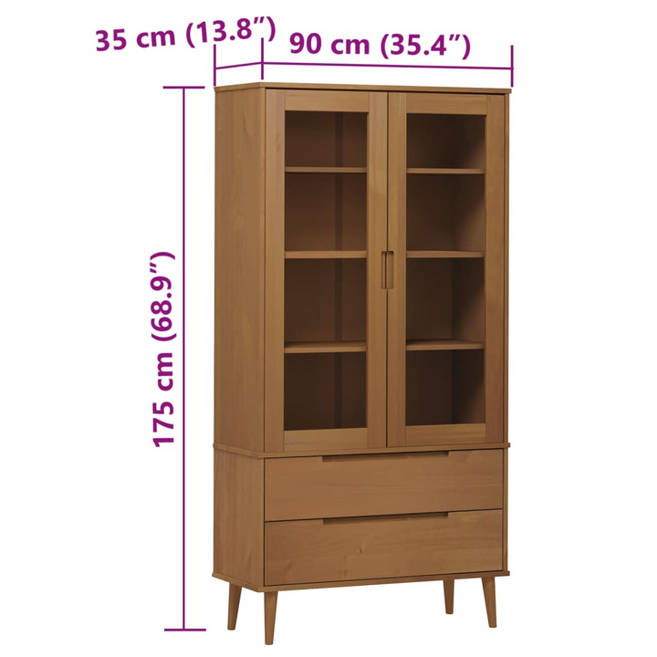 MOLDE Vitrine Cabinet 90x35x175 cm | Solid Pine Wood, UV Varnish | Elegant Brown Display Cabinet with Glass Doors & Ample Storage Space - Premium  from Home Treasures - Just £308.99! Shop now at Home Treasures