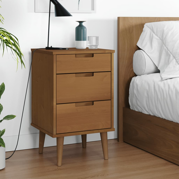 MOLDE Bedside Cabinet in Brown - Solid Pine Wood with UV Varnish - Scandinavian Style Nightstand with 3 Drawers, 40x35x65 cm - Premium  from Home Treasures - Just £84.99! Shop now at Home Treasures