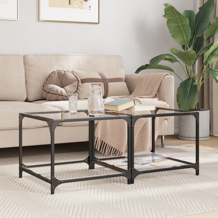 Modern Coffee Tables with Transparent Glass Top, Set of 2, 50x50x40 cm, Steel & Engineered Wood - Elegant Living Room Furniture - Premium  from Home Treasures - Just £75.99! Shop now at Home Treasures