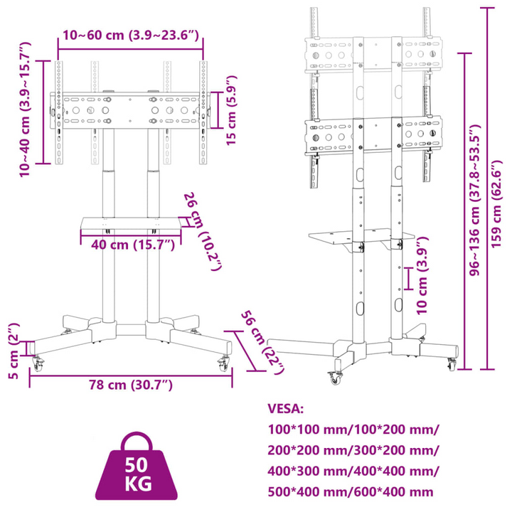 Mobile TV Stand on Wheels - Adjustable Height & Tilt, For 32-70 Inch Screens, VESA Up to 600x400 mm, Max Load 50kg - Premium  from Home Treasures - Just £86.99! Shop now at Home Treasures