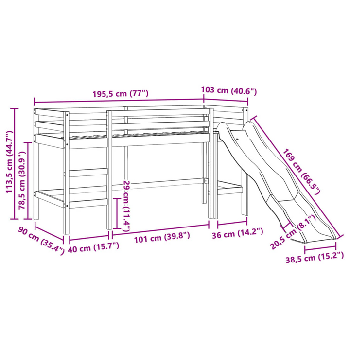 Children s Loft Bed 90x190 cm - Solid Pine Wood Mid Sleeper with Slide & Safety Guardrails - Premium  from Home Treasures - Just £227.99! Shop now at Home Treasures