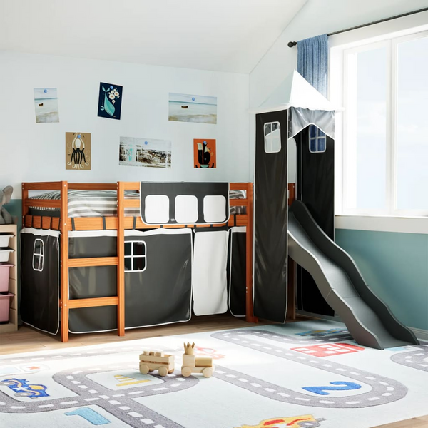 Children's Loft Bed with Tower in White & Black 90x190 cm | Solid Pine Wood | Fun Slide & Safety Guardrails - Premium  from Home Treasures - Just £328.99! Shop now at Home Treasures