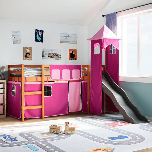 Children's Loft Bed with Slide and Tower - Pink 90x190 cm Solid Pine Wood - Premium  from Home Treasures - Just £328.99! Shop now at Home Treasures