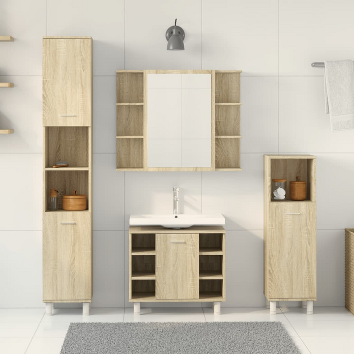 4 Piece Bathroom Furniture Set in Sonoma Oak Finish | Engineered Wood | Ample Storage | Wall-Mounted Mirror Cabinet - Premium  from Home Treasures - Just £235.99! Shop now at Home Treasures