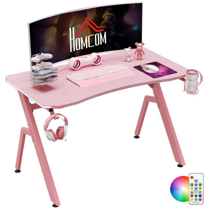 Pink Gaming PC Desk - Ergonomic Racing Style Workstation w/ RGB LED Lights, Controller Rack & Cable Management for Home Office - Premium  from Home Treasures - Just £109.99! Shop now at Home Treasures