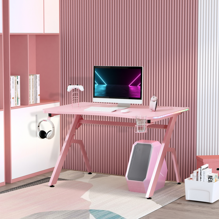 Pink Gaming PC Desk - Ergonomic Racing Style Workstation w/ RGB LED Lights, Controller Rack & Cable Management for Home Office - Premium  from Home Treasures - Just £109.99! Shop now at Home Treasures