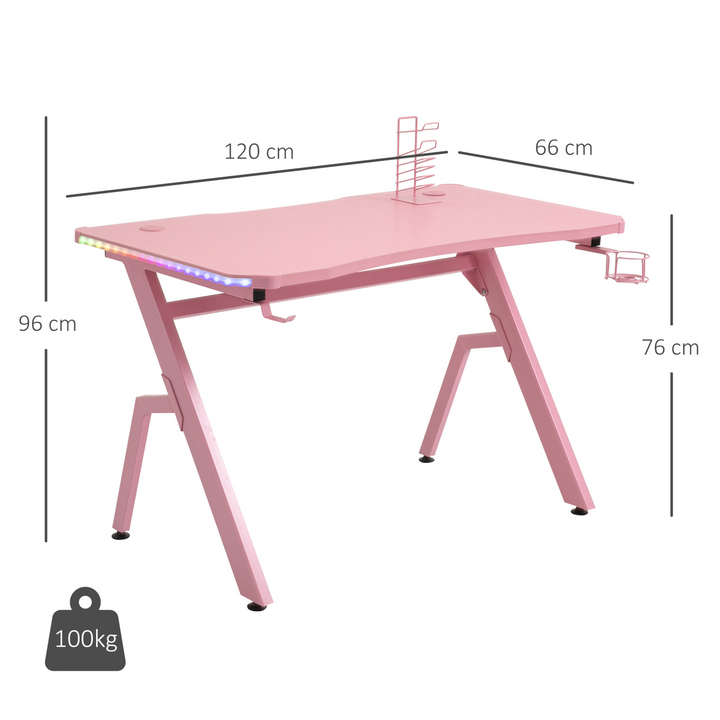 Pink Gaming PC Desk - Ergonomic Racing Style Workstation w/ RGB LED Lights, Controller Rack & Cable Management for Home Office - Premium  from Home Treasures - Just £109.99! Shop now at Home Treasures