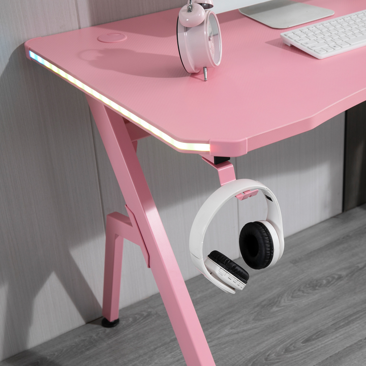 Pink Gaming PC Desk - Ergonomic Racing Style Workstation w/ RGB LED Lights, Controller Rack & Cable Management for Home Office - Premium  from Home Treasures - Just £109.99! Shop now at Home Treasures