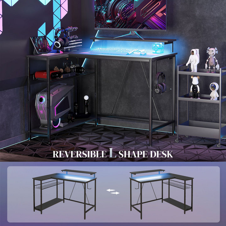 Reversible 'L' LED Light Gaming Desk - Multi-Storage, Adjustable Steel Frame - Premium  from Home Treasures - Just £123.99! Shop now at Home Treasures