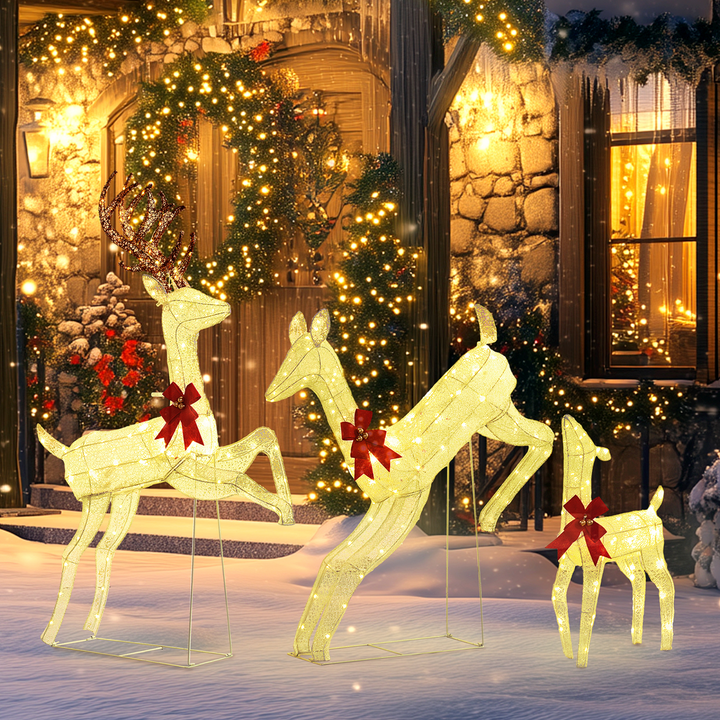 Outsunny Three-Piece LED Light Reindeer Christmas Decoration - Outdoor Pre-Lit Family Scene with 300 Warm White LED Lights, Water-Resistant Metal Frames - Includes Buck, Doe, and Fawn - Premium  from Home Treasures - Just £174.99! Shop now at Home Treasures