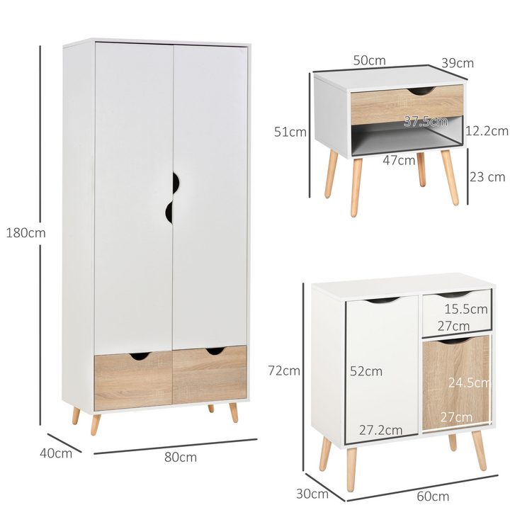 3-Piece Bedroom Furniture Set - Wardrobe, Bedside Table & Cabinet - Nature Wood Finish & White - Premium  from Home Treasures - Just £503.99! Shop now at Home Treasures