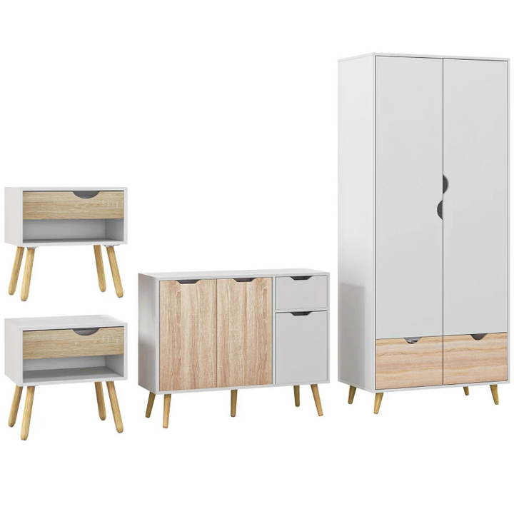 4-Piece Bedroom Furniture Set in Natural Wood & White: Wardrobe, Side Cabinet, and 2 Bedside Tables - Premium  from Home Treasures - Just £508.99! Shop now at Home Treasures