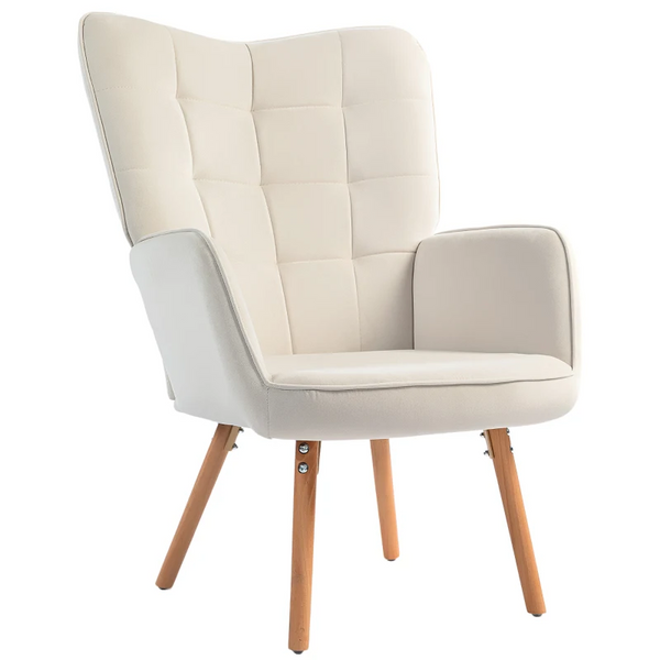 Modern Velvet Wingback Accent Chair in Cream White - Tufted, Upholstered Armchair with Wooden Legs for Home and Office Comfort - Premium  from Home Treasures - Just £164.99! Shop now at Home Treasures