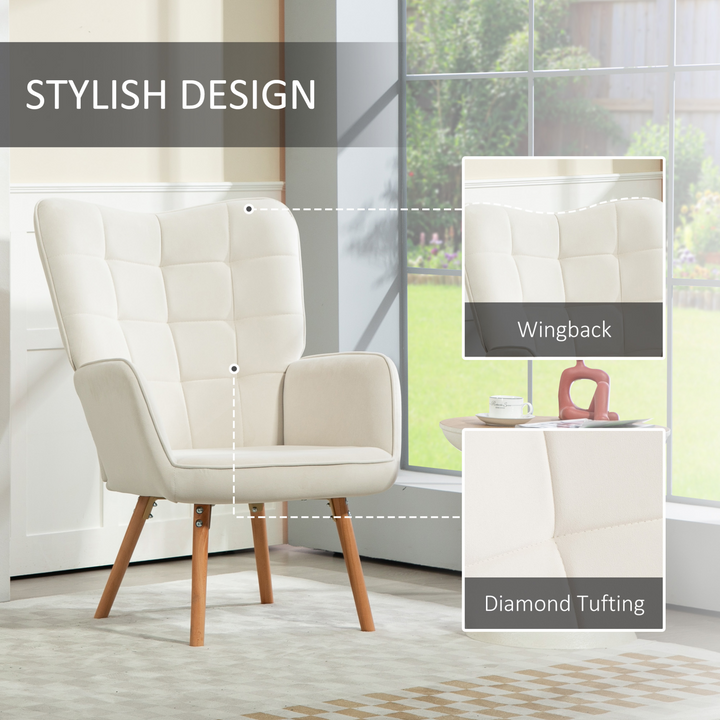 Modern Velvet Wingback Accent Chair in Cream White - Tufted, Upholstered Armchair with Wooden Legs for Home and Office Comfort - Premium  from Home Treasures - Just £164.99! Shop now at Home Treasures