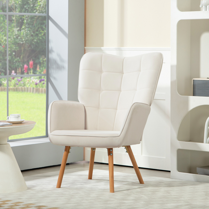 Modern Velvet Wingback Accent Chair in Cream White - Tufted, Upholstered Armchair with Wooden Legs for Home and Office Comfort - Premium  from Home Treasures - Just £164.99! Shop now at Home Treasures