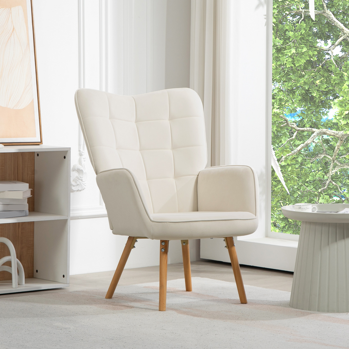 Modern Velvet Wingback Accent Chair in Cream White - Tufted, Upholstered Armchair with Wooden Legs for Home and Office Comfort - Premium  from Home Treasures - Just £164.99! Shop now at Home Treasures