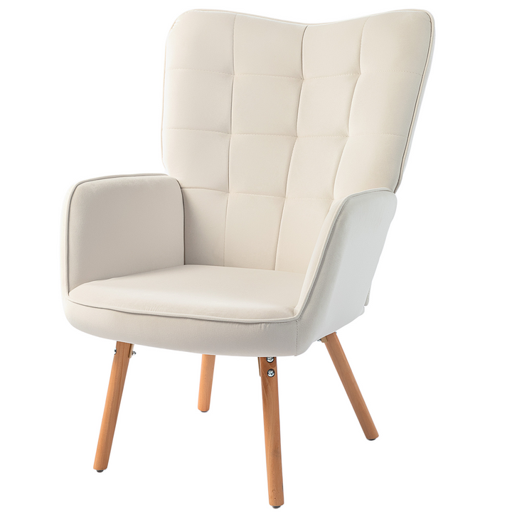 Modern Velvet Wingback Accent Chair in Cream White - Tufted, Upholstered Armchair with Wooden Legs for Home and Office Comfort - Premium  from Home Treasures - Just £164.99! Shop now at Home Treasures