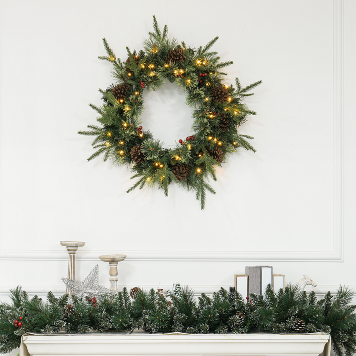 Pre-Lit Christmas Wreath with LED Lights, Pine Cones & Red Berries - Perfect Winter Holiday Decoration for Front Door, Windows & Walls - Premium  from Home Treasures - Just £41.99! Shop now at Home Treasures